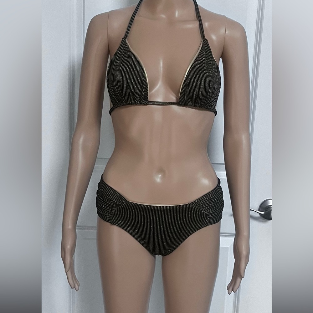 Luli Fama Black and Gold Pinstriped Bikini